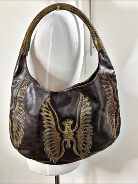 Devi Kroell Python Leather Hobo Shoulder Bag in Brown & Gold Made in Italy